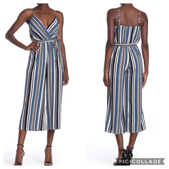 love...ady Pants - Love...Ady Striped Wrap Sleeveless Jumpsuit Blue M